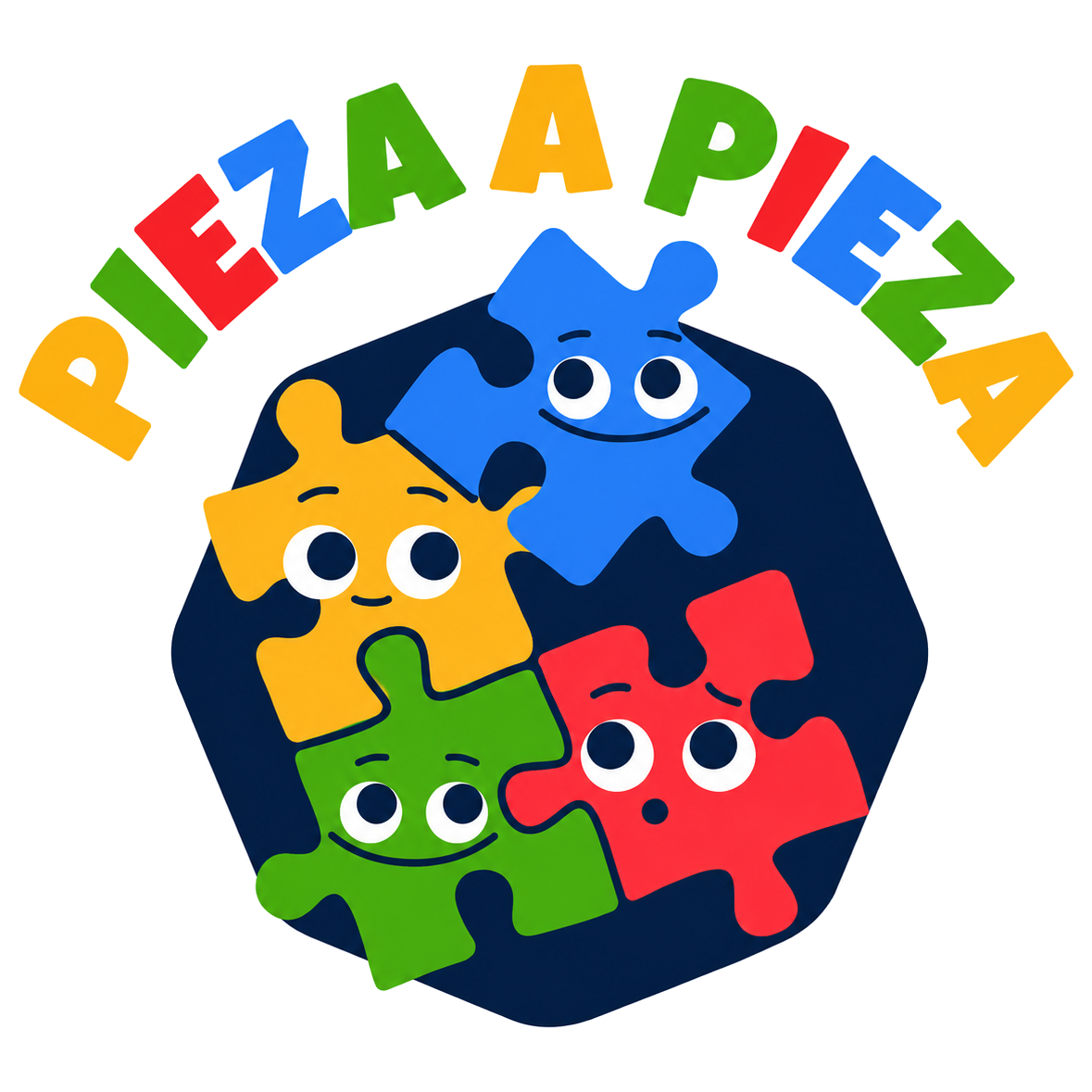 Logotipo de Pieza a Pieza: piezas de puzzle con caritas