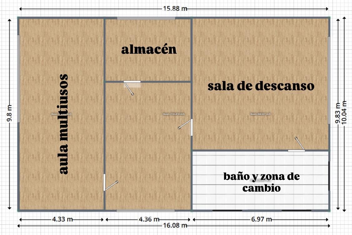 Plano de la segunda planta: aula multiusos, almacén, sala de descanso y zona de cambio